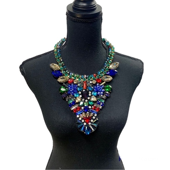 Multicoloured rhinestone gem jewelled bib statement necklace - Picture 1 of 15